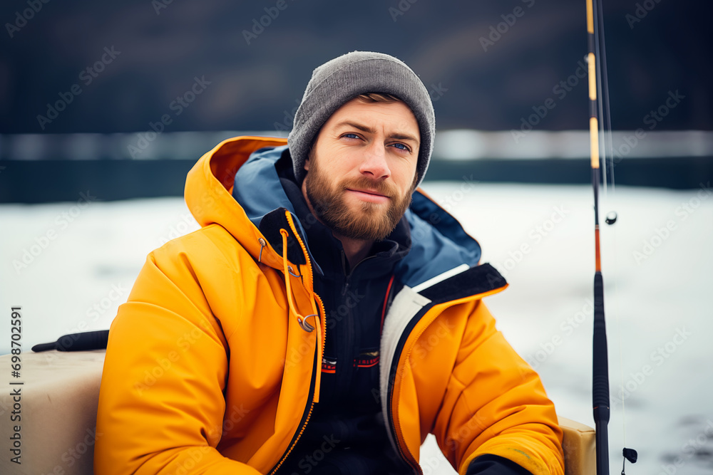 Brutal fisherman ice fishing on a frozen lake in winter Brutal fisherman ice fishing on a frozen lake in winter
