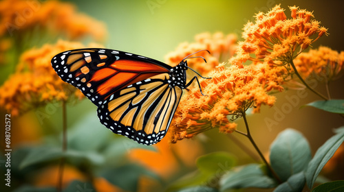 a monarch butterfly perched on bright orange flowers, surrounded by lush greenery. The monarch butterfly is sconic orange, black, and white patterned wings spread wide.