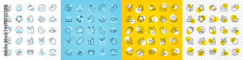 Vector icons set of Tomato, Acorn and Green energy line icons pack for web with Christmas tree, Cashew nut, Fish dish outline icon. Co2 gas, Pecan nut, Leaf dew pictogram. Lotus. Vector