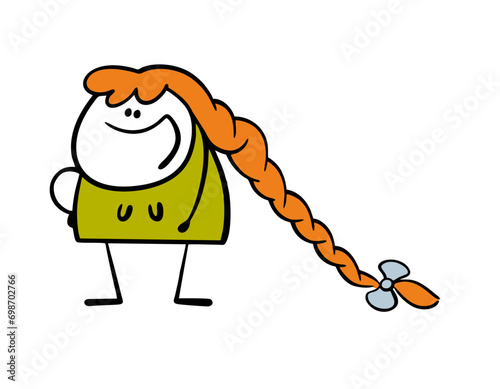 Beautiful red-haired girl with long braid and bow in hair. Vector illustration of cartoon child with long hairstyle. Scandinavian appearance. Flat graphic cartoon isolated on white background.