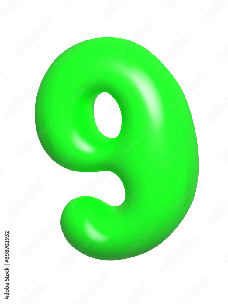 Number 9 green, nine arabic numerals cartoon 3d balloon font. Vector illustration isolated on white background. Number 9 green, nine arabic numerals cartoon 3d balloon font. Vector illustration isolated on white background.