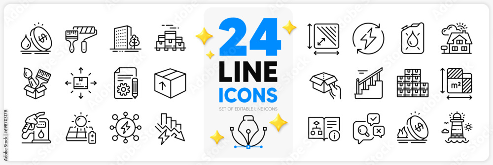 Icons set of Cardboard box, Boxes pallet and Technical algorithm line icons pack for app with Wholesale inventory, Buildings, Canister thin outline icon. Solar panel, Renewable power. Vector
