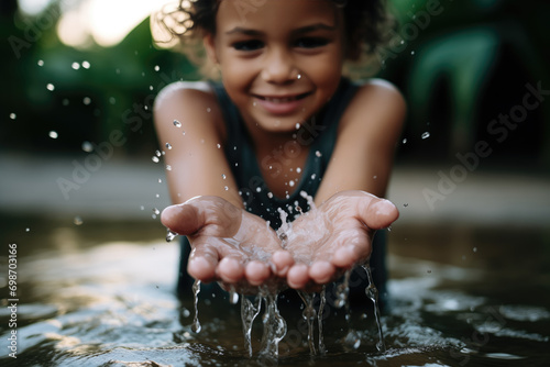 Generative AI image of child playing with water drops photo