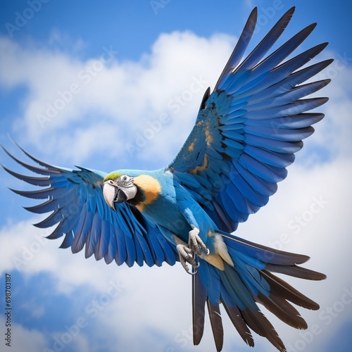 A high-flying parrot soaring against a clear blue sky, wings outstretched in majestic flight.