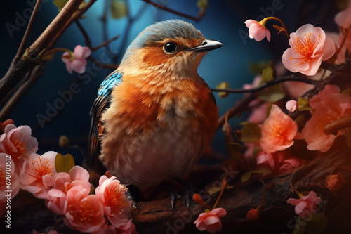 Generative AI illustration of closeup of bird resting on a branch encircled by the lush pink blossoms of cherry trees photo