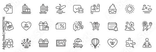 Icons pack as Map, Flight sale and My love line icons for app include Air balloon, Discounts chat, Ice cream outline thin icon web set. Search puzzle, Discount banner, Call me pictogram. Vector photo