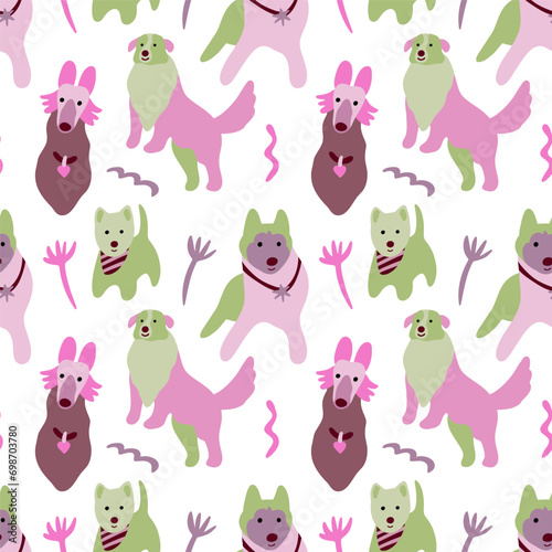 Vector seamless pattern with cute dogs of different breeds in pink and green colors