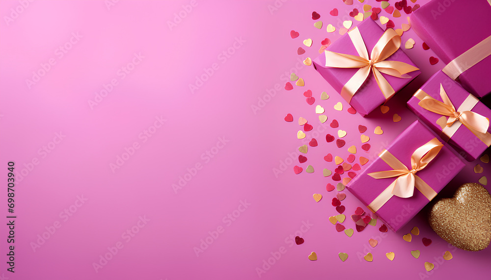 Pink gift box gold ribbon and bow, sparkling confetti on pink background for digital web banner. Celebration birthday, Valentine's day, Christmas, wedding concept of discounts with space for text