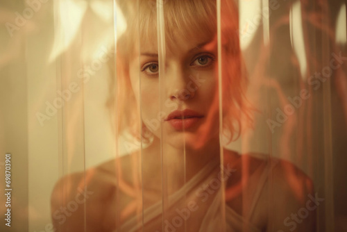 Generative AI image capturing a thoughtful woman with a subtle expression, partially obscured by the soft texture of a sheer curtain, with warm, ambient lighting highlighting her features.