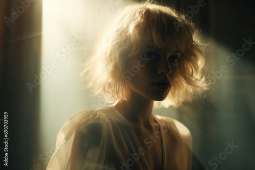 Generative AI image of a thoughtful young woman with a short, wavy hairstyle bathed in ethereal sunlight, creating a dreamlike atmosphere.