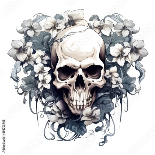 A skull surrounded by flowers.
