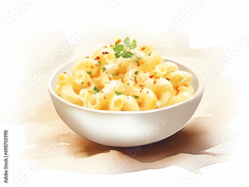 Minimalistic Superb Watercolor Illustration of a Bowl of Vegan Cauliflower Mac and Cheese on White Background AI Generated