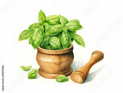 Superb Watercolor Illustration of Fresh Basil Leaves on Wooden Mortar and Pestle AI Generated