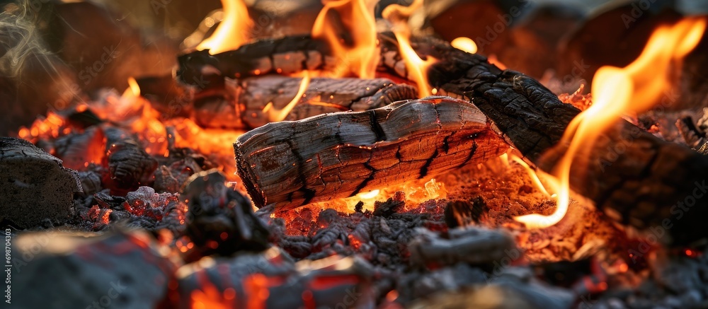 Wood burning in fireplace. Pyre flames. Fire texture in furnace