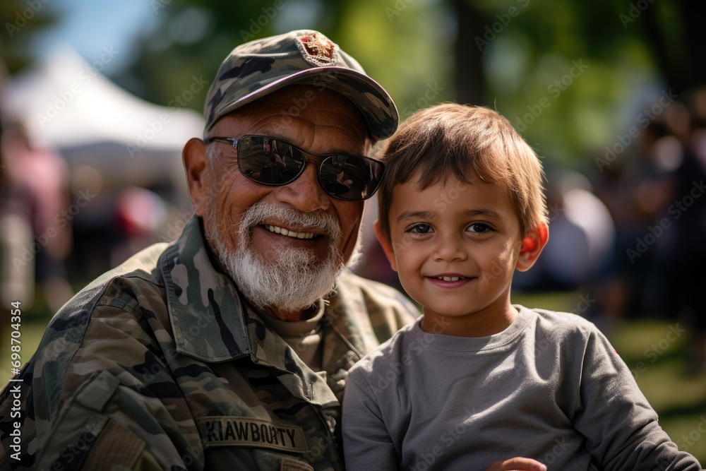 Happy elderly military father in uniform with son on street