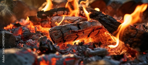 Wood burning in fireplace. Pyre flames. Fire texture in furnace. Combustion.