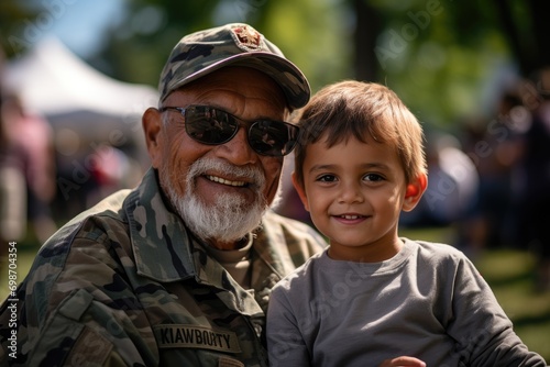 Happy elderly military father in uniform with son on street