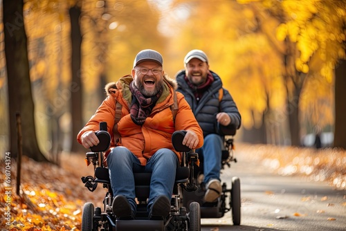 Happy men riding wheelchairs in autumn park photo