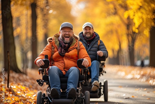 Happy men riding wheelchairs in autumn park