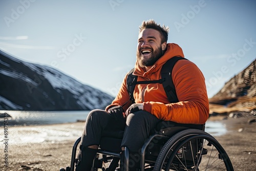 Cheerful disabled man on wheelchair enjoying vacation