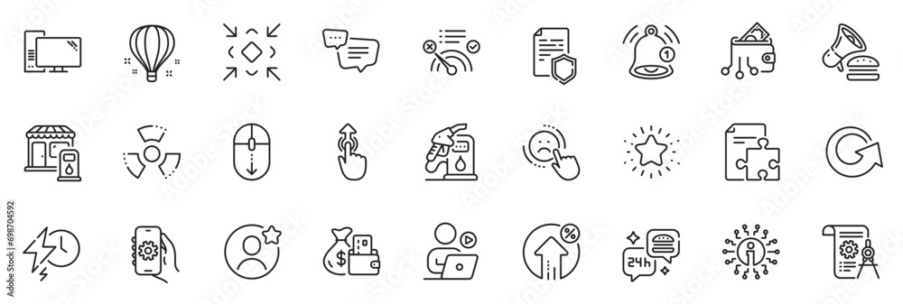 Icons pack as App settings, Change money and Air balloon line icons for app include Computer, Loan percent, Burger outline thin icon web set. Text message, Best friend. Vector