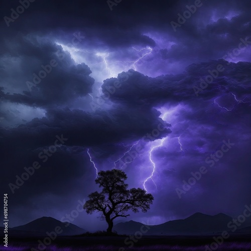 Black dark Purple blue dramatic night sky. Gloomy ominous storm rain clouds background. Cloudy thunderstorm hurricane wind lightning