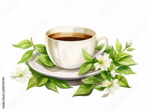 Minimalistic Watercolor Illustration of Jasmine Green Tea with Floating Jasmine Flower AI Generated