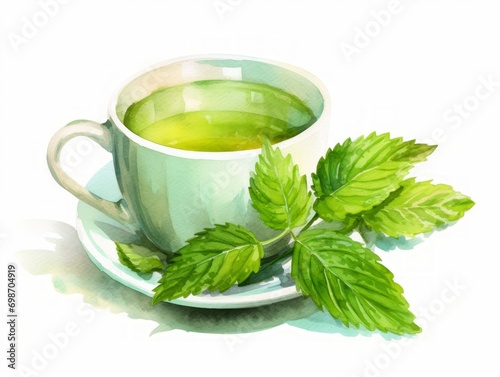 Minimalistic Superb Watercolor Illustration of a Cup of Nettle and Mint Tea on White Background AI Generated