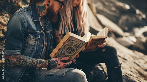 Tattooed Couple in Shared Spiritual Reading