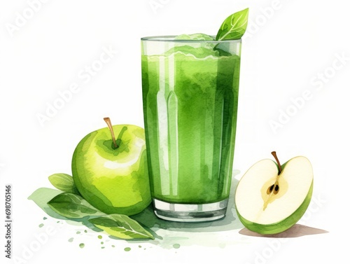 Minimalistic Superb Watercolor Illustration of a Glass of Apple and Spinach Green Juice on White Background AI Generated