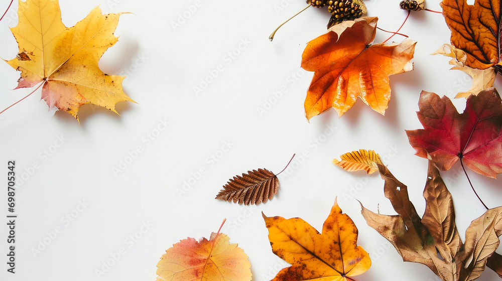 Fototapeta premium autumn leaves mock up, white background, empty space for copy and text, fall seasonal marketing materials, flat lay