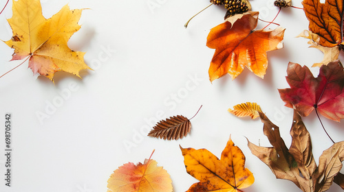 autumn leaves mock up, white background, empty space for copy and text, fall seasonal marketing materials, flat lay