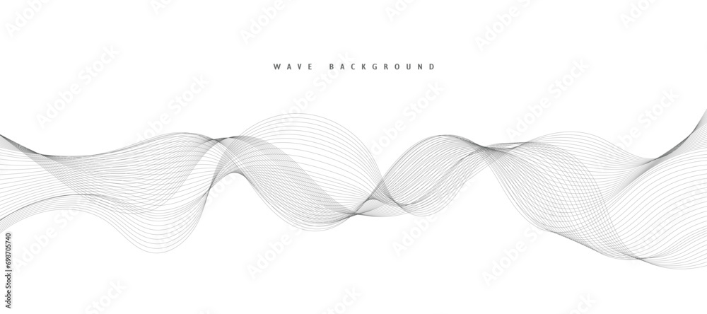 Abstract wave element for design. Digital frequency track equalizer. Stylized line art background. Vector illustration. Wave with lines created using blend tool. Curved wavy line, smooth stripe. - obrazy, fototapety, plakaty 