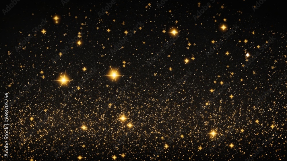 Black background with golden sparkling particles and bokeh lights. background with gold foil texture