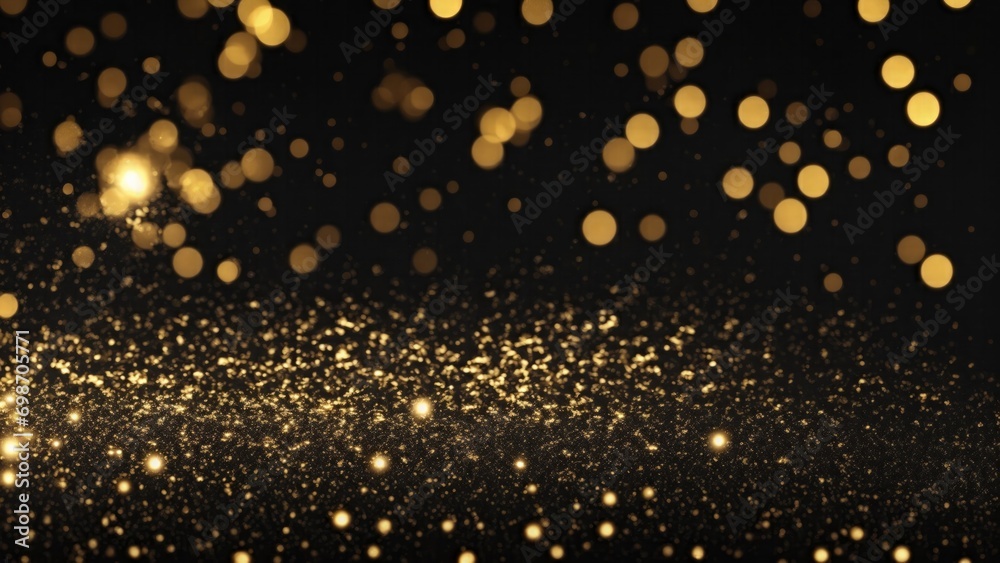 Black background with golden sparkling particles and bokeh lights. background with gold foil texture
