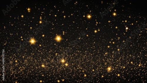 Black background with golden sparkling particles and bokeh lights. background with gold foil texture