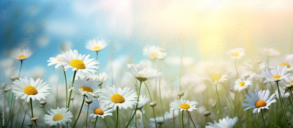 Meadow with blooming daisy flowers
