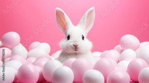 Little white bunny with fluffy fur and Easter eggs on a pink background, Easter or greeting card.