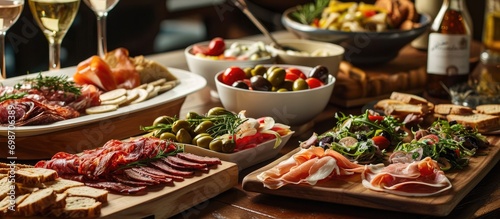 Assorted appetizers including antipasti, charcuterie, snacks, meat and cheese platter, spicy olives, salmon carpaccio, and tomato salad. photo