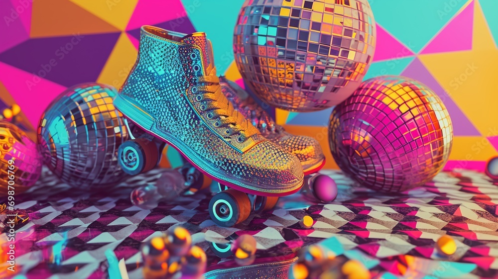 Retro Disco Fever Roller Skates and Disco Balls in 80s Pop Art Stock