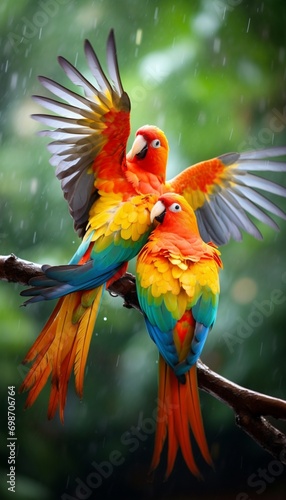 A pair of playful parrots engaged in a colorful feathered dance on a tropical perch.