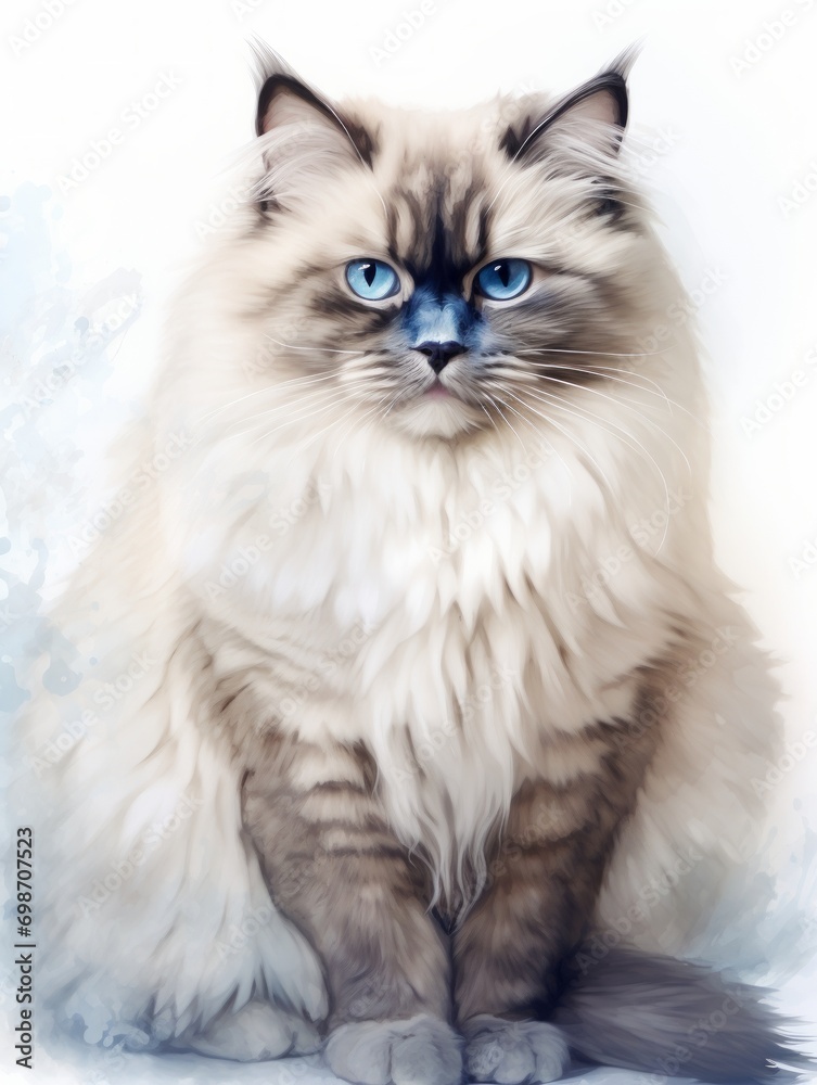 Minimalistic Superb Watercolor Illustration of a Sitting Himalayan Cat with Blue Eyes and Long Fur AI Generated