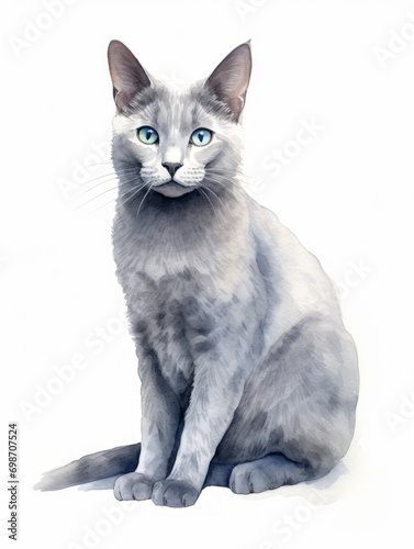 Minimalistic Superb Watercolor Illustration of a Sitting Elegant Korat Cat with a Silvery-Blue Coat AI Generated