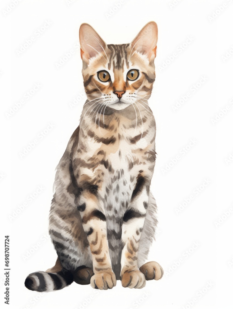 Minimalistic Watercolor Illustration of a Sitting Exotic Ocicat with Distinctive Spots AI Generated