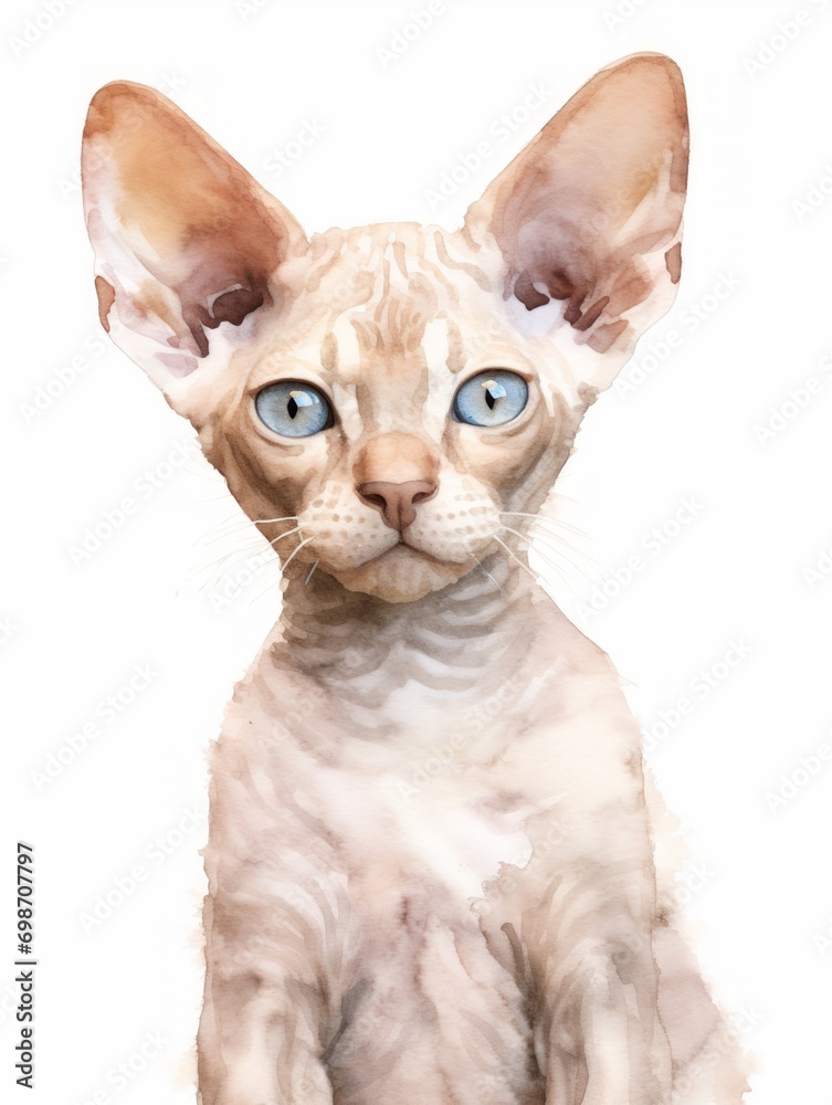Minimalistic Watercolor Illustration of a Sitting Devon Rex with Curly Fur AI Generated