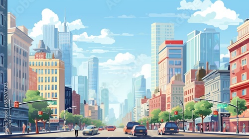 A bustling city street with people, cars, and tall buildings, great for an urban-inspired vector background. photo
