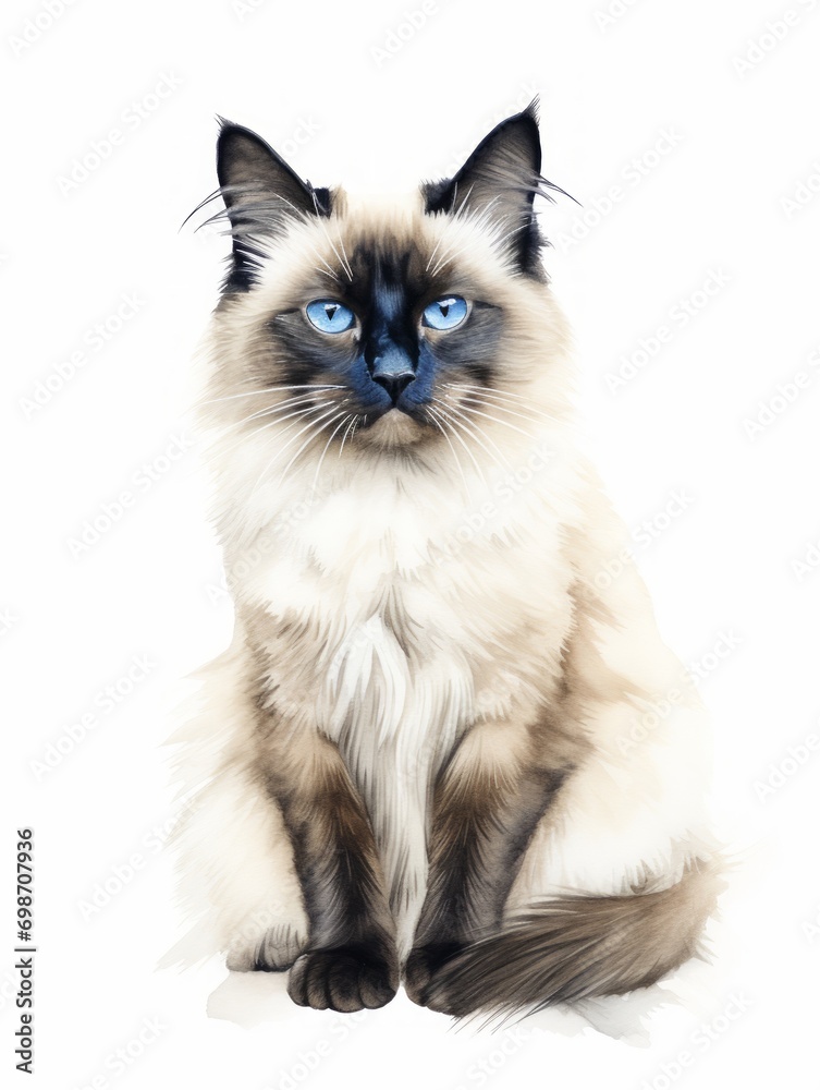 Minimalistic Superb Watercolor Illustration of a Sitting Balinese Cat AI Generated