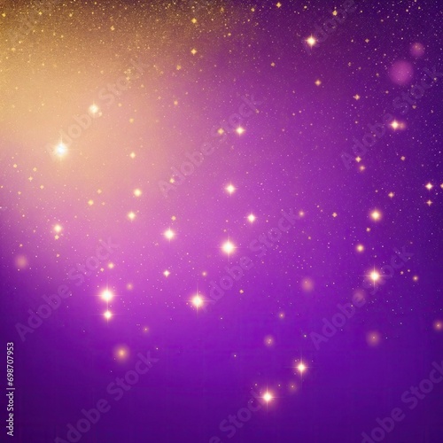 Purple background with golden sparkling particles and bokeh lights. background with gold foil texture