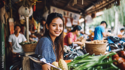 Asian street vendor sitting on her scooter with a stall, street vendor with vegetarian vegetables, Asian, age 30, fictional location photo