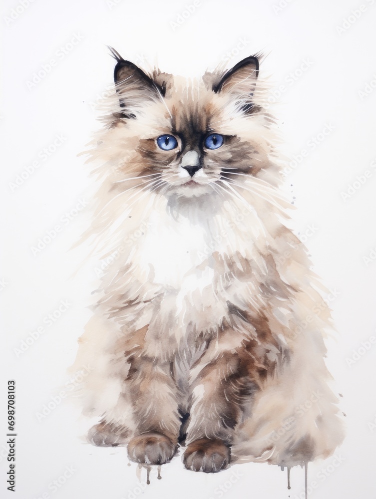 Minimalistic Watercolor Illustration of a Ragdoll Cat AI Generated